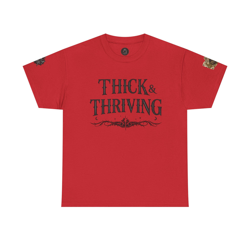 Thick & Thriving Graphic Tee — Bold Gothic Lettering with Distressed X Back