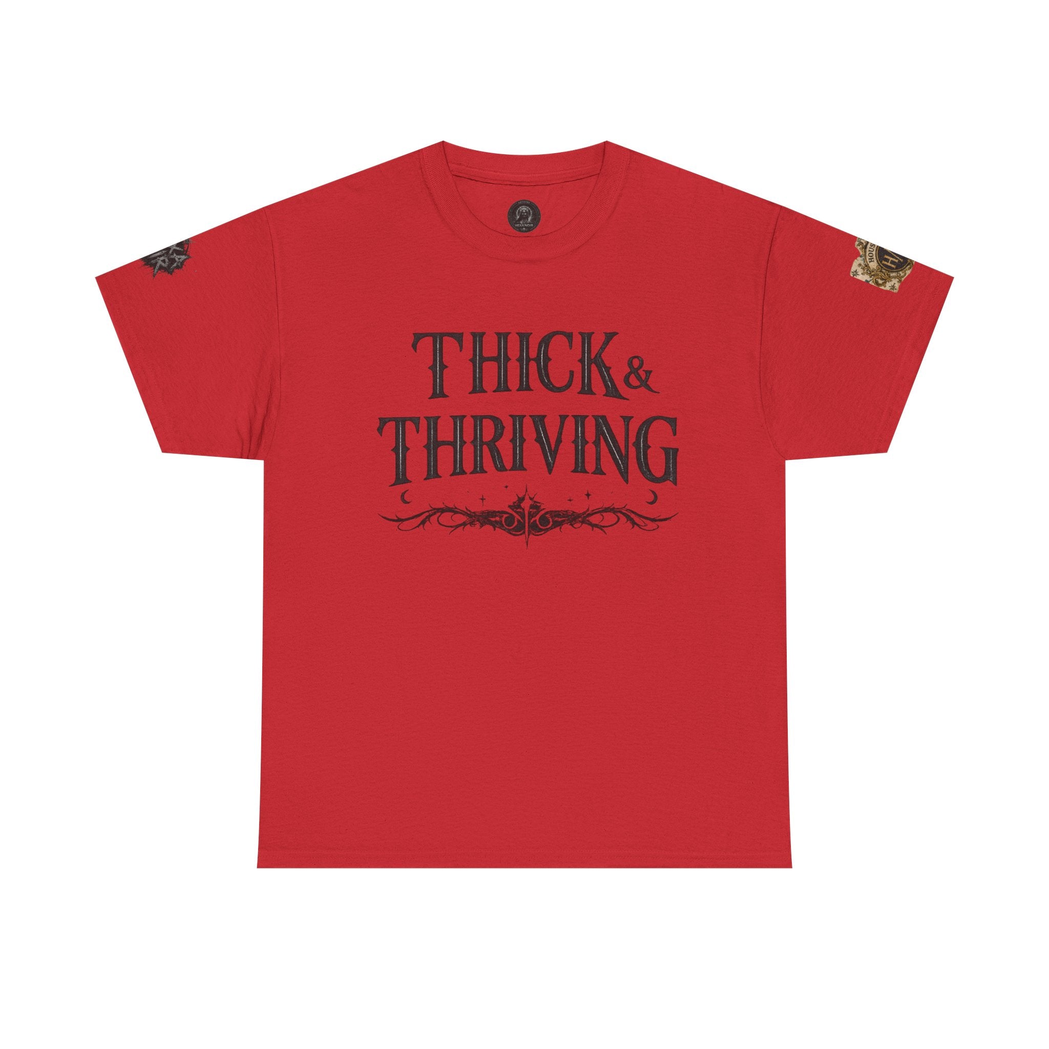 Thick & Thriving Graphic Tee — Bold Gothic Lettering with Distressed X Back