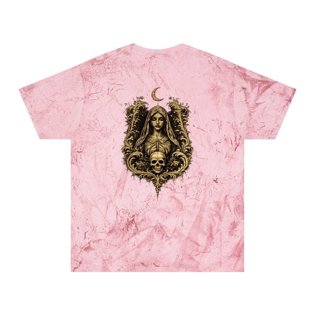 HΞXA NOIR NOCTURNAL —Hallowed Saints Graphic T-Shirt — Vintage Gold Tie-Dye with Gothic Skull & Maiden