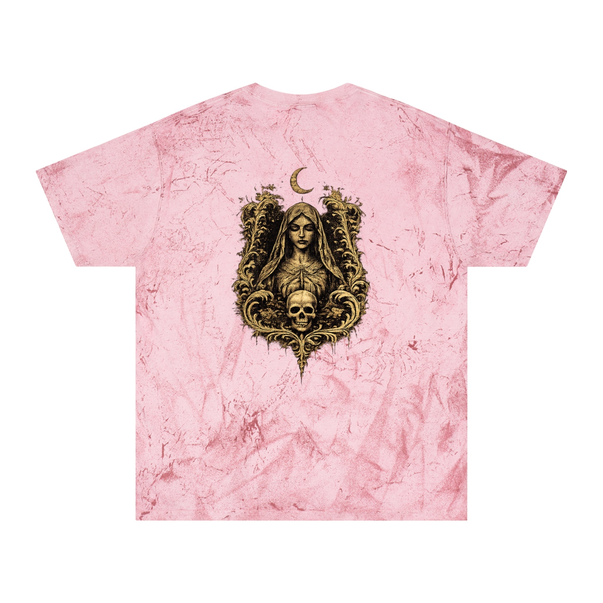 HΞXA NOIR NOCTURNAL —Hallowed Saints Graphic T-Shirt — Vintage Gold Tie-Dye with Gothic Skull & Maiden