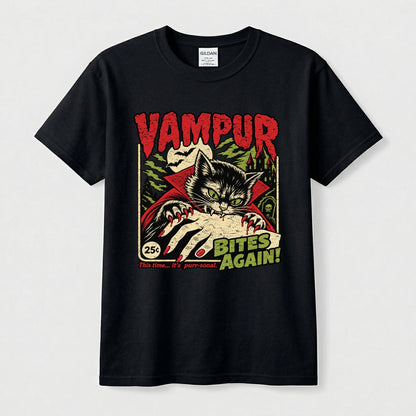 Vampur Bites Again vampire cat graphic tee by Hexa Noir