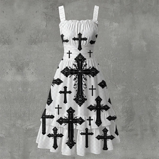 Cathedral Cross white gothic ruffle-hem dress by Hexa Noir