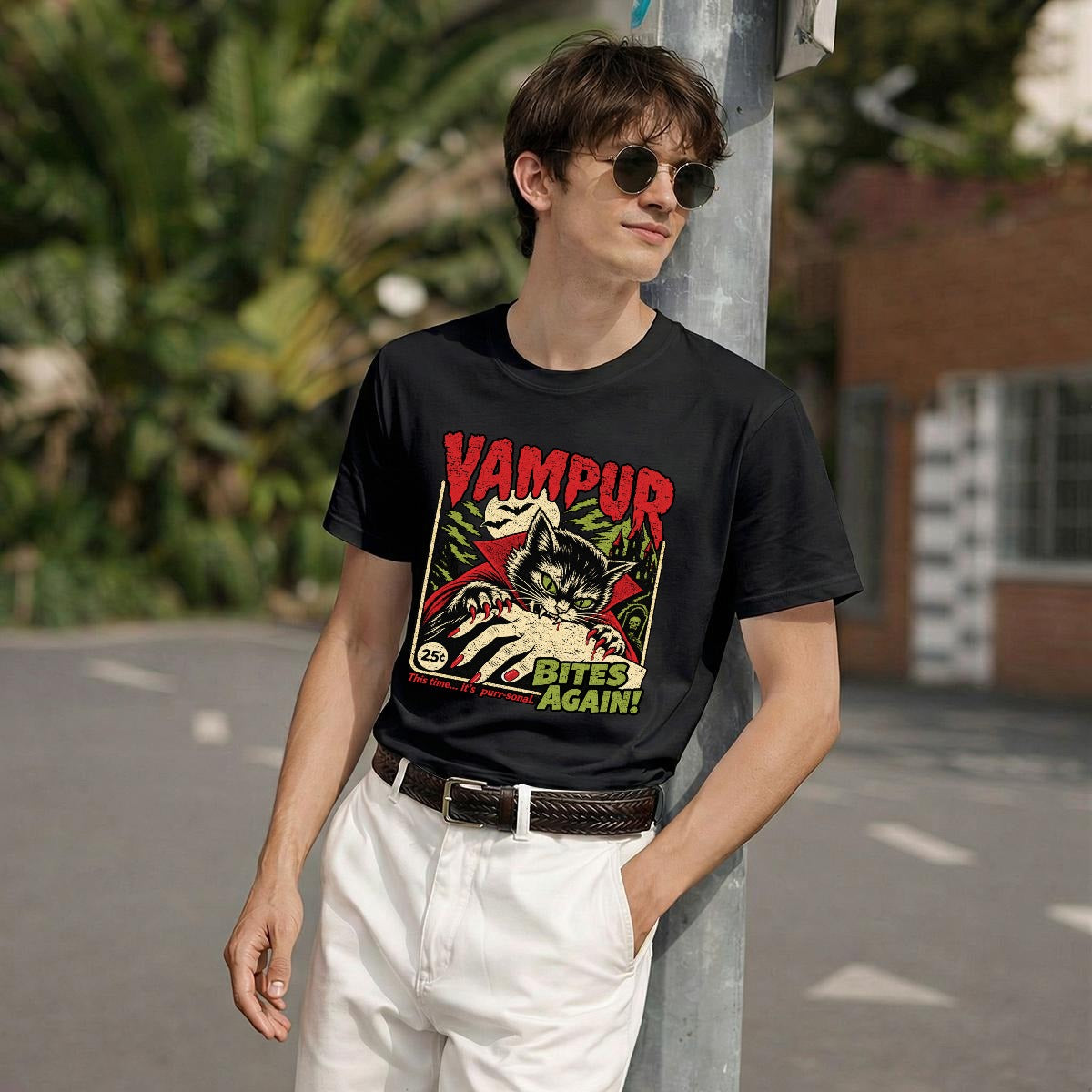 Vampur Bites Again vampire cat graphic tee by Hexa Noir