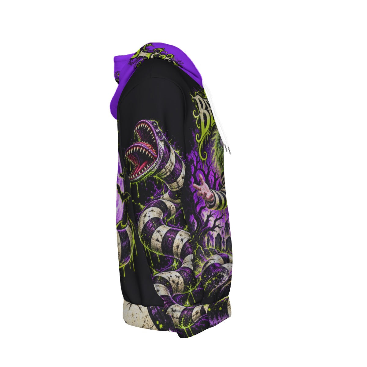 Beetlejuice Haunted Chaos purple and acid-green fleece-lined hoodie by Hexa Noir