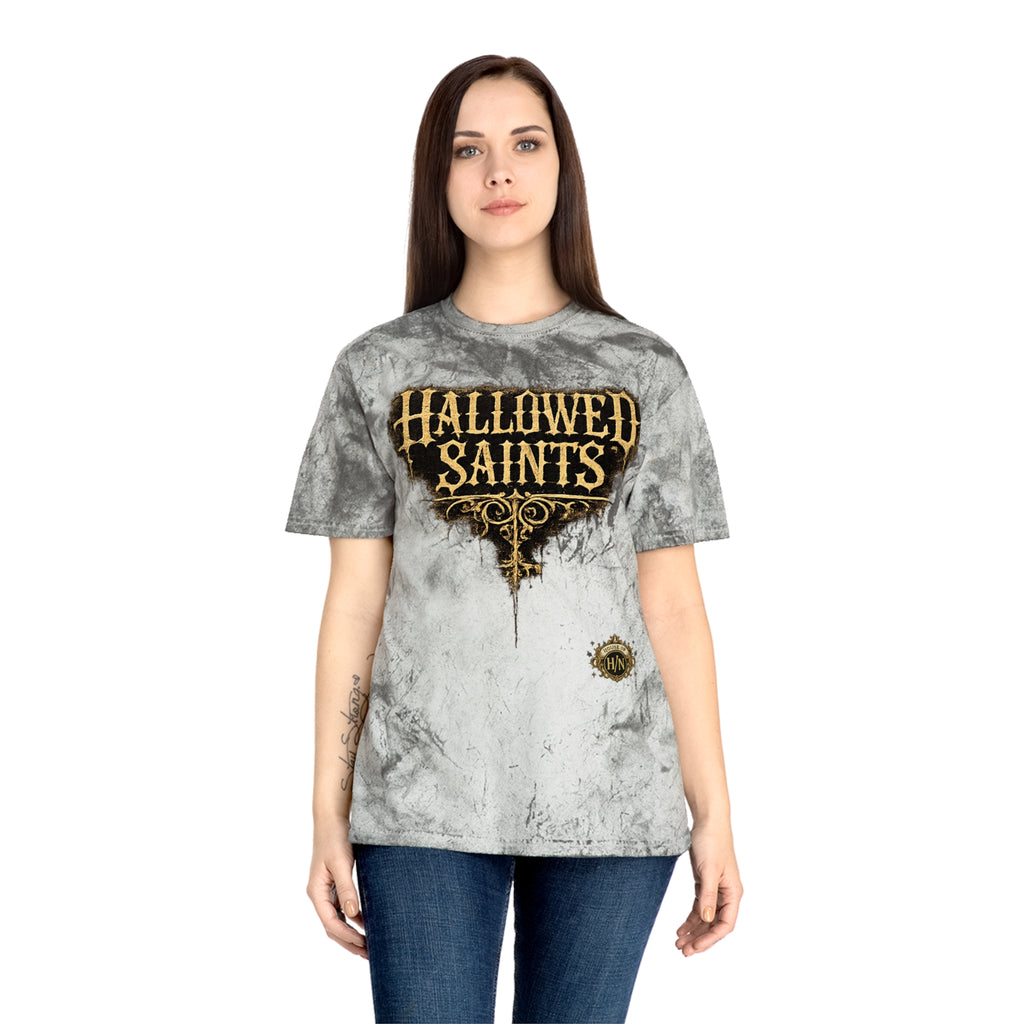 HΞXA NOIR NOCTURNAL —Hallowed Saints Graphic T-Shirt — Vintage Gold Tie-Dye with Gothic Skull & Maiden