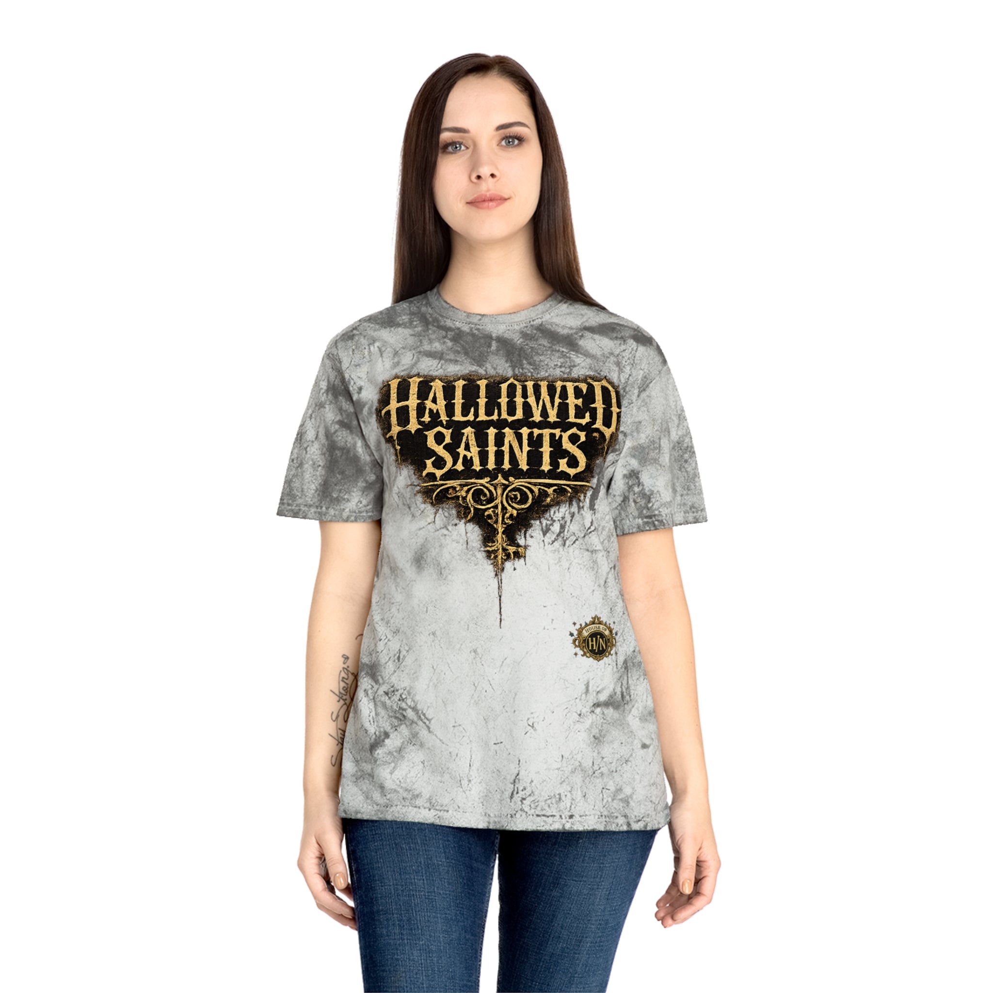 HΞXA NOIR NOCTURNAL —Hallowed Saints Graphic T-Shirt — Vintage Gold Tie-Dye with Gothic Skull & Maiden
