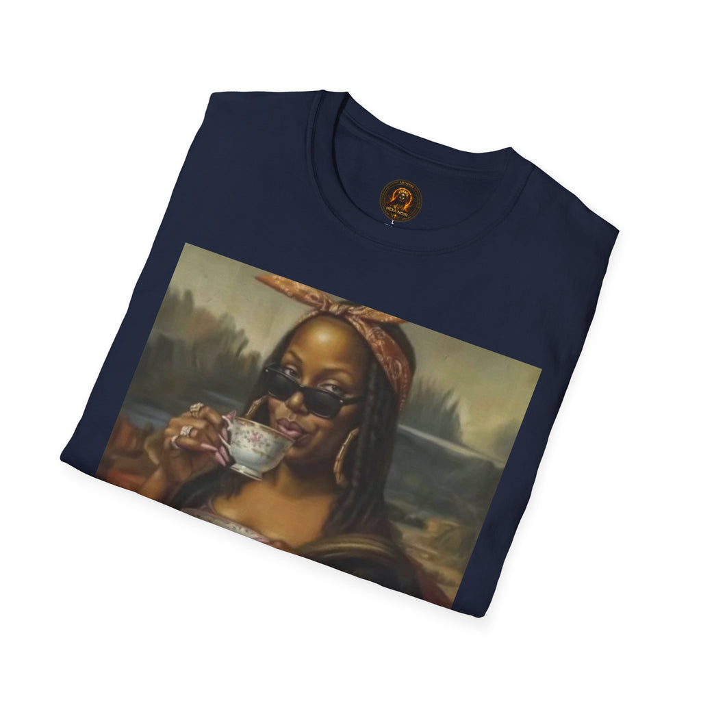 Mona Lisa Sipping Tea Unisex Graphic Tee — Vintage Renaissance Art