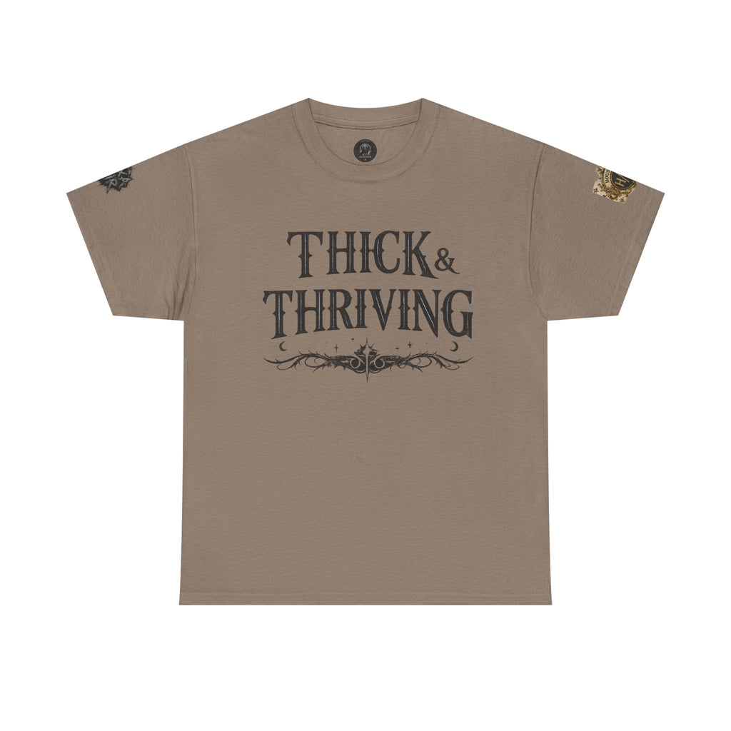Thick & Thriving Graphic Tee — Bold Gothic Lettering with Distressed X Back