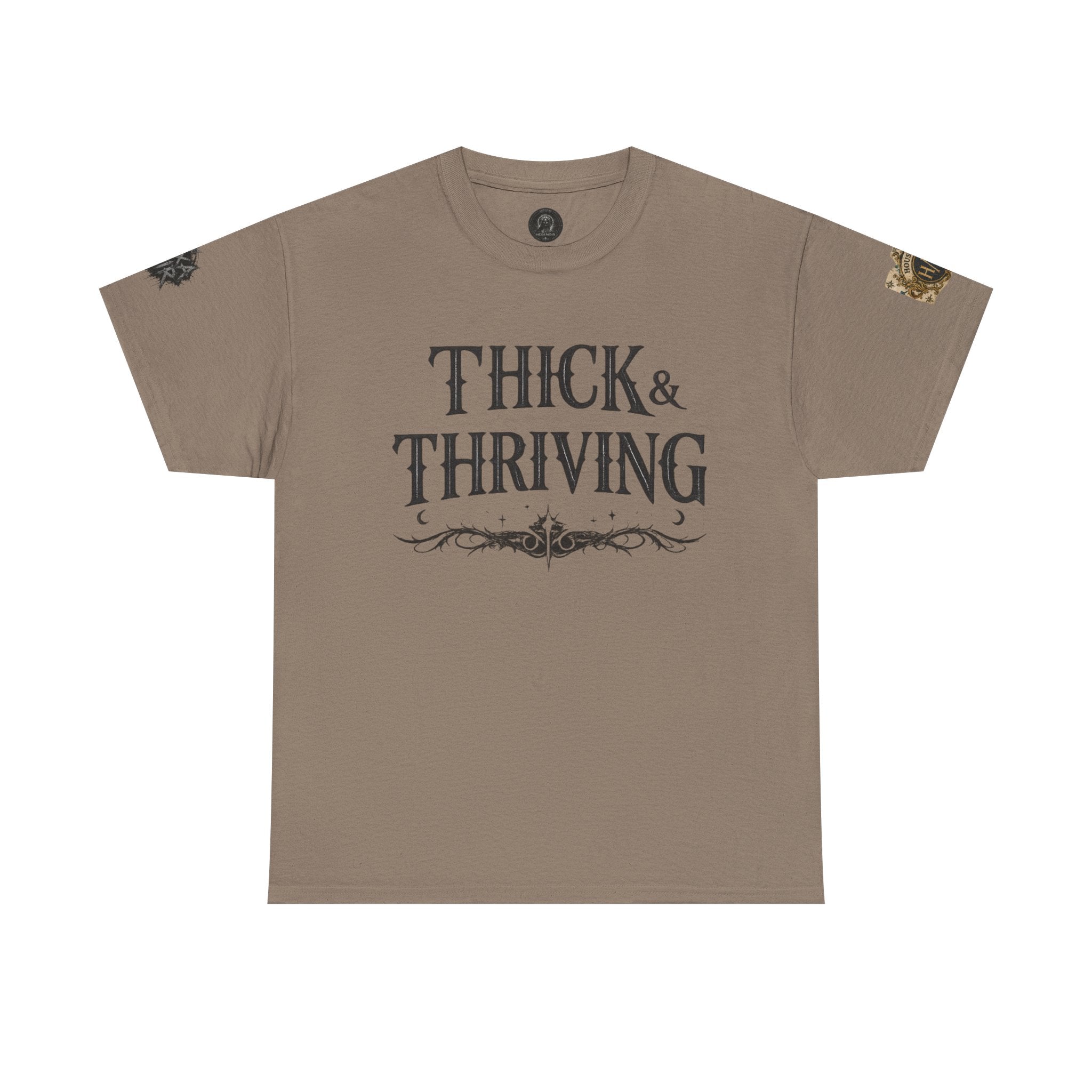 Thick & Thriving Graphic Tee — Bold Gothic Lettering with Distressed X Back
