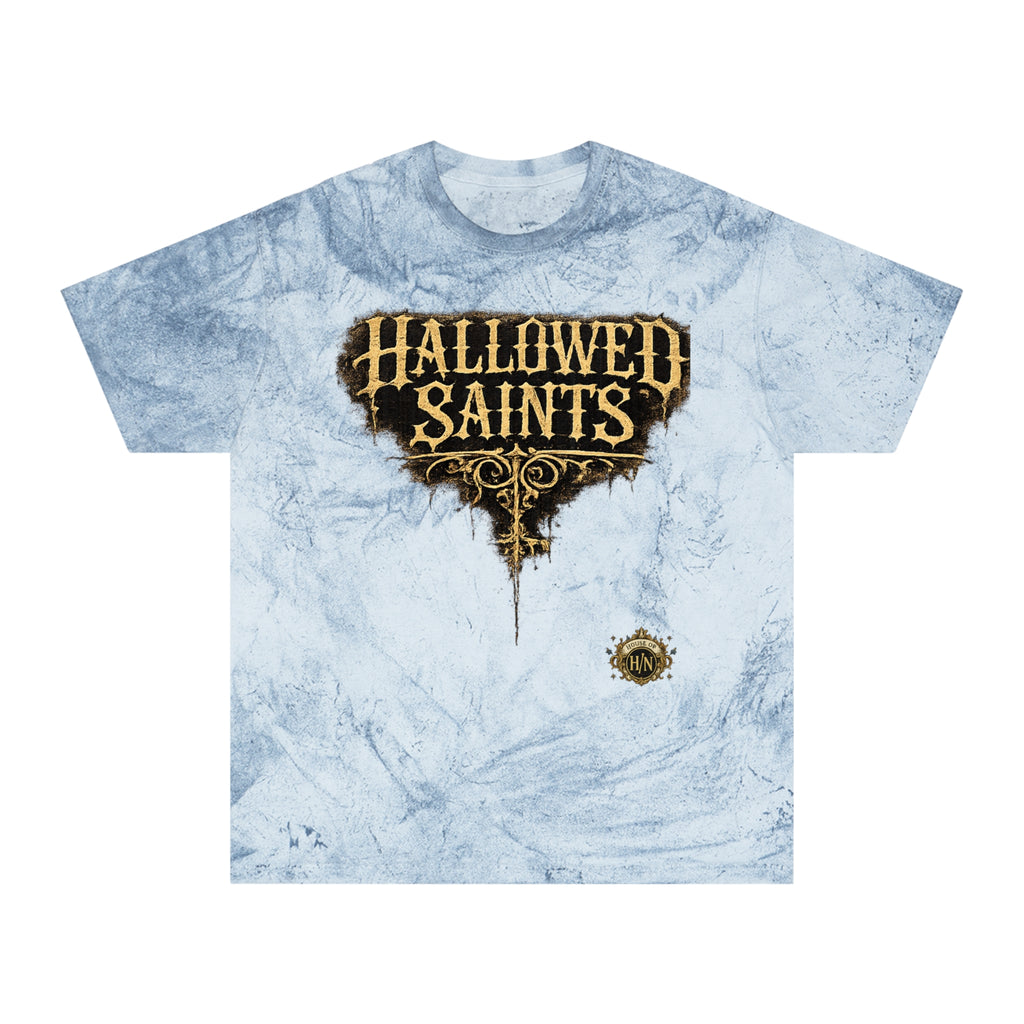 HΞXA NOIR NOCTURNAL —Hallowed Saints Graphic T-Shirt — Vintage Gold Tie-Dye with Gothic Skull & Maiden