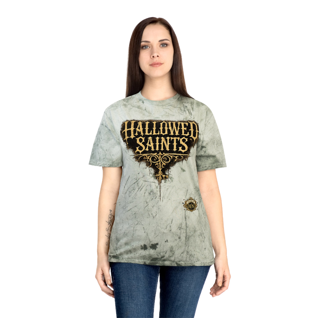 HΞXA NOIR NOCTURNAL —Hallowed Saints Graphic T-Shirt — Vintage Gold Tie-Dye with Gothic Skull & Maiden