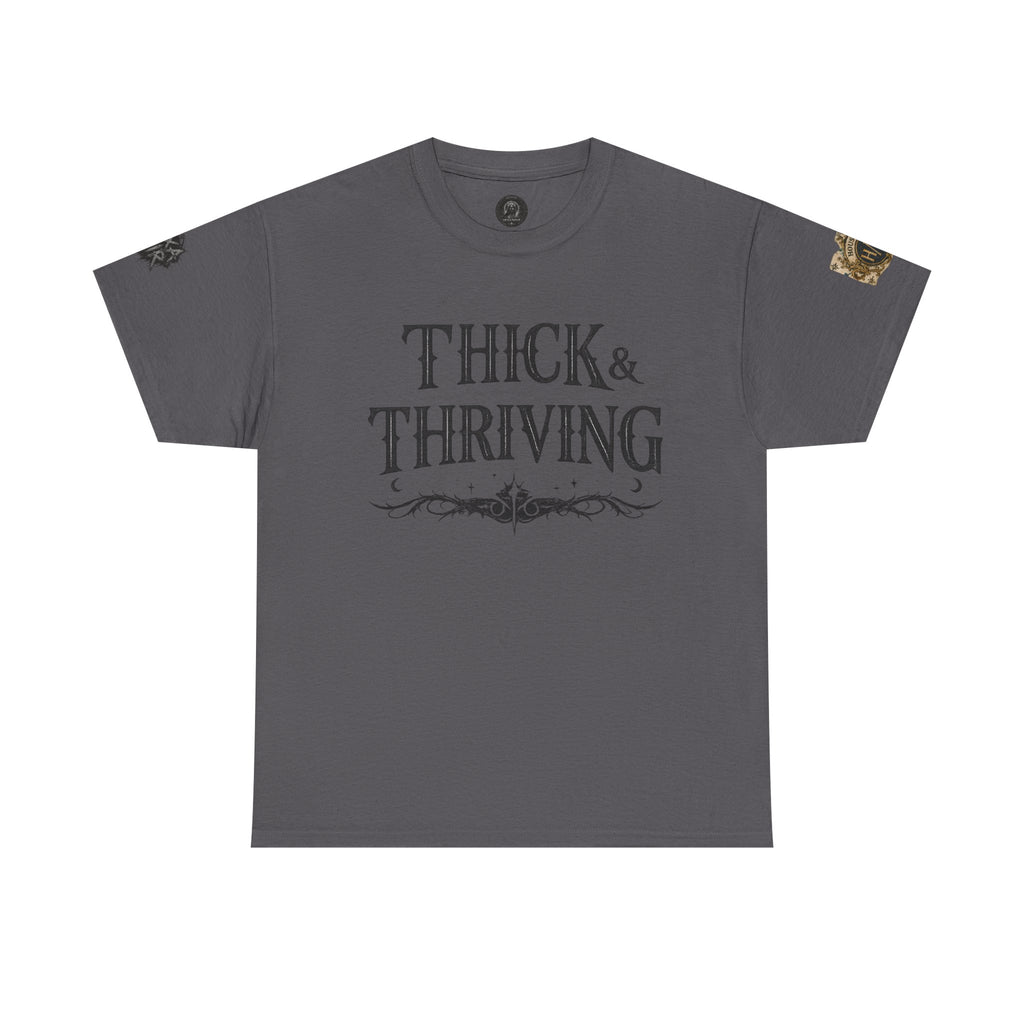 Thick & Thriving Graphic Tee — Bold Gothic Lettering with Distressed X Back