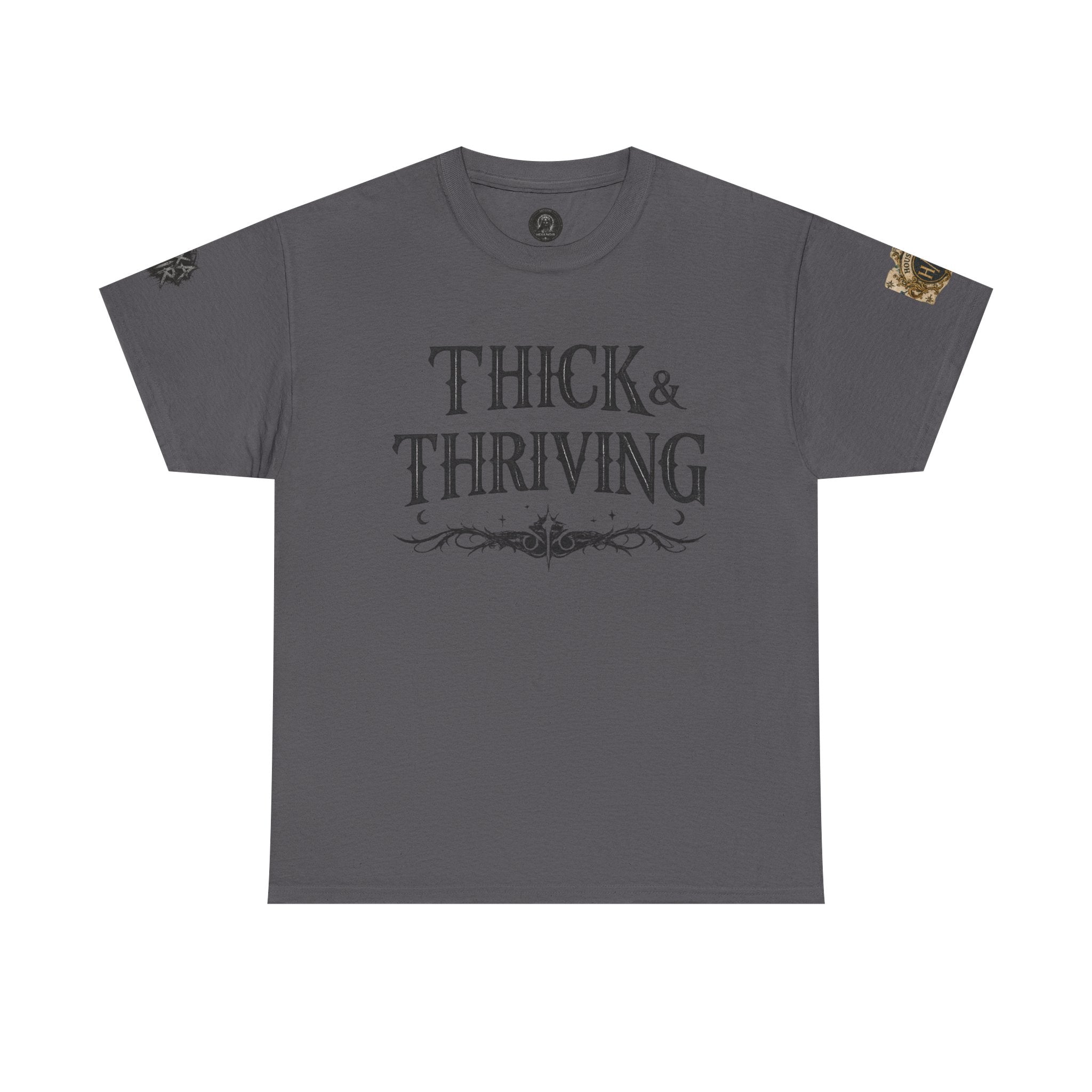 Thick & Thriving Graphic Tee — Bold Gothic Lettering with Distressed X Back