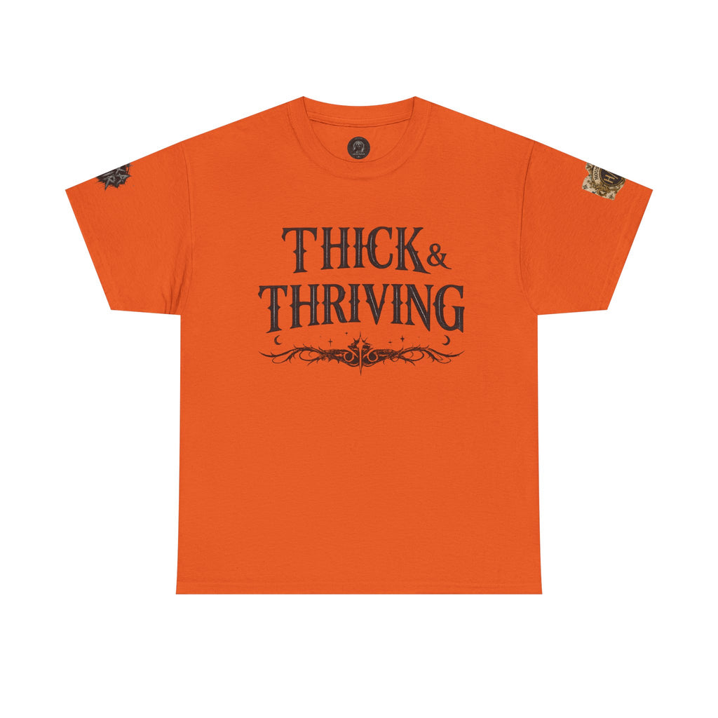 Thick & Thriving Graphic Tee — Bold Gothic Lettering with Distressed X Back