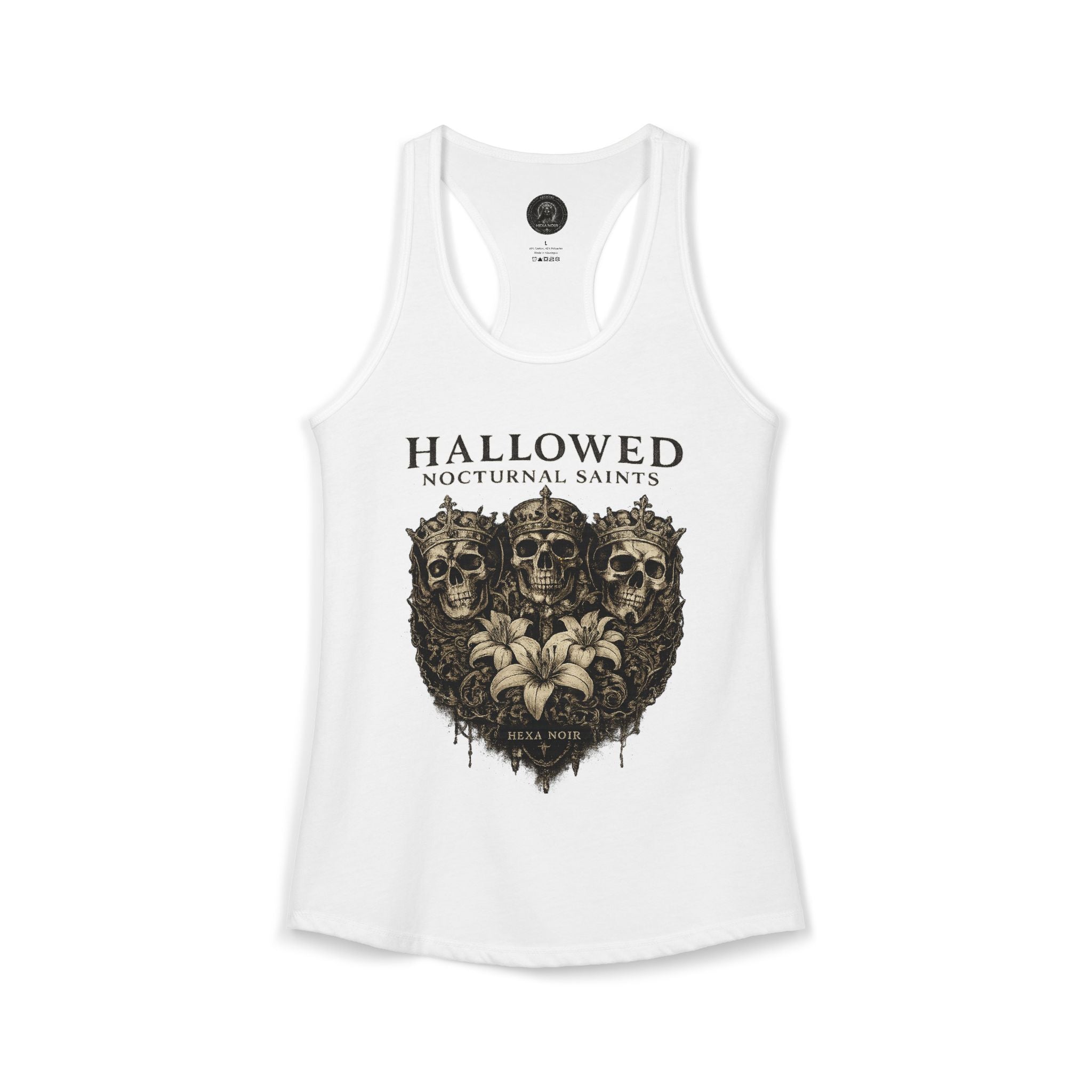 HEXA NOIR NOCTURNAL: Hallowed Nocturnal Saints Tank | Gothic Skull Floral Racerback | Dark Spiritual Streetwear