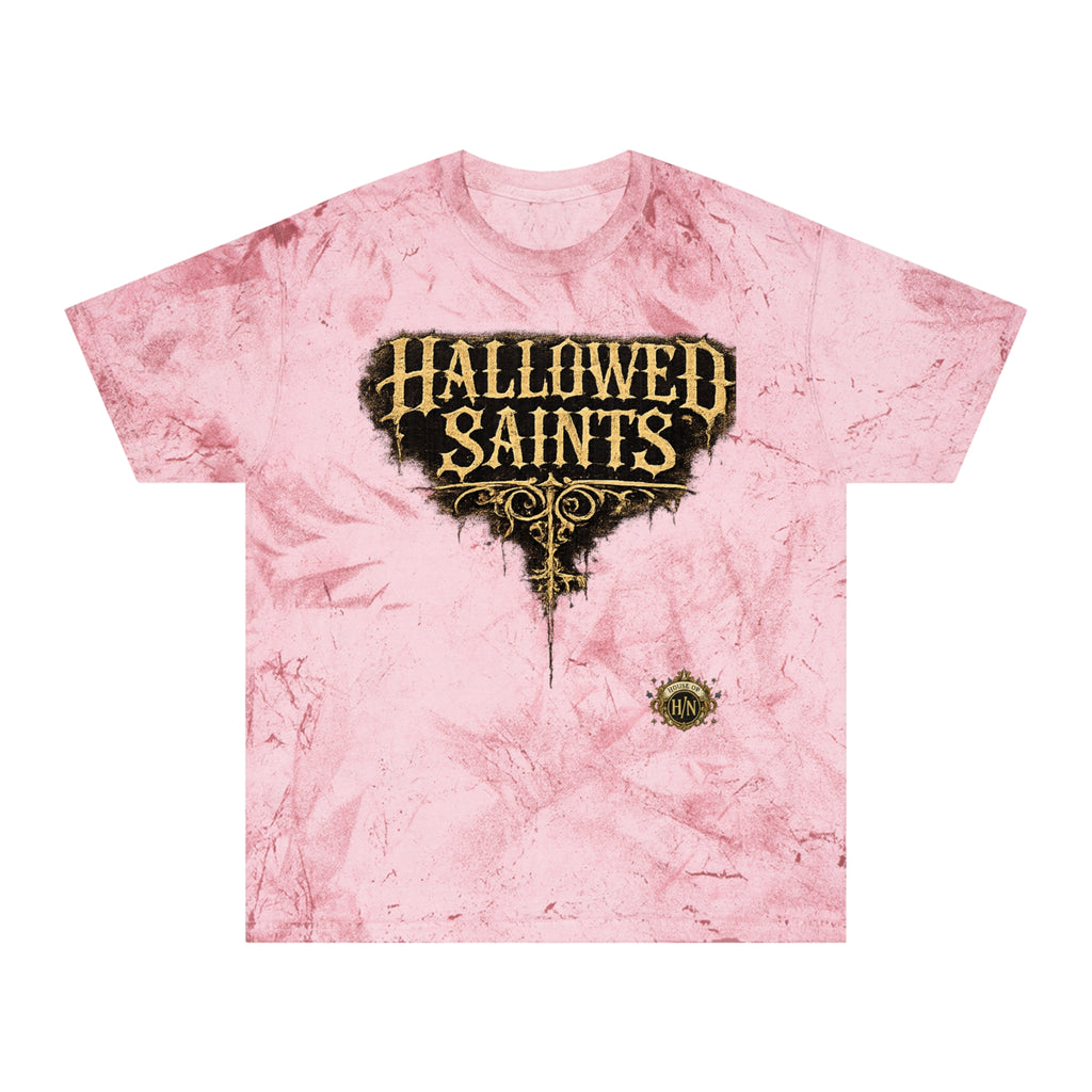 HΞXA NOIR NOCTURNAL —Hallowed Saints Graphic T-Shirt — Vintage Gold Tie-Dye with Gothic Skull & Maiden