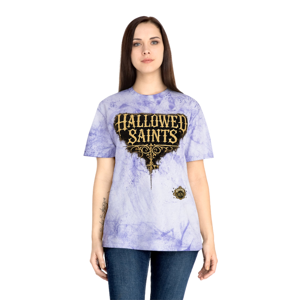 HΞXA NOIR NOCTURNAL —Hallowed Saints Graphic T-Shirt — Vintage Gold Tie-Dye with Gothic Skull & Maiden