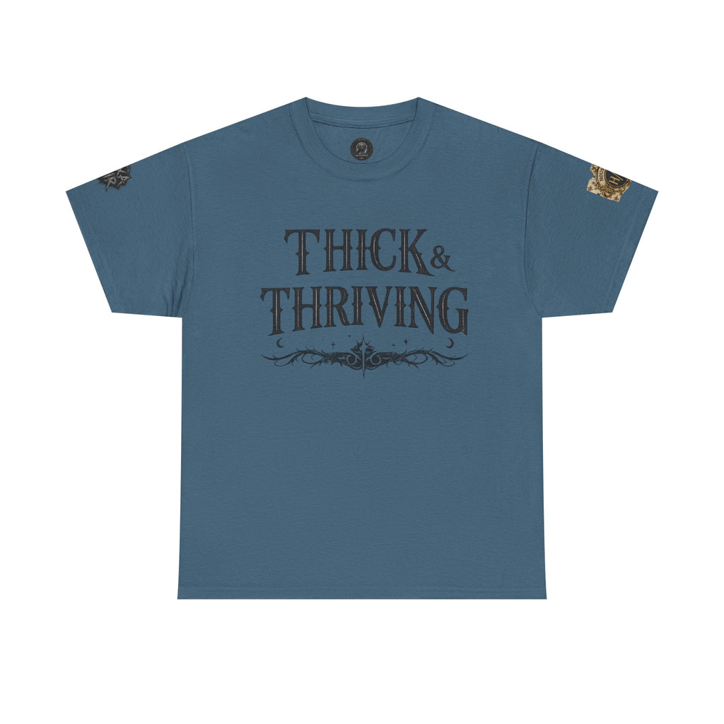 Thick & Thriving Graphic Tee — Bold Gothic Lettering with Distressed X Back