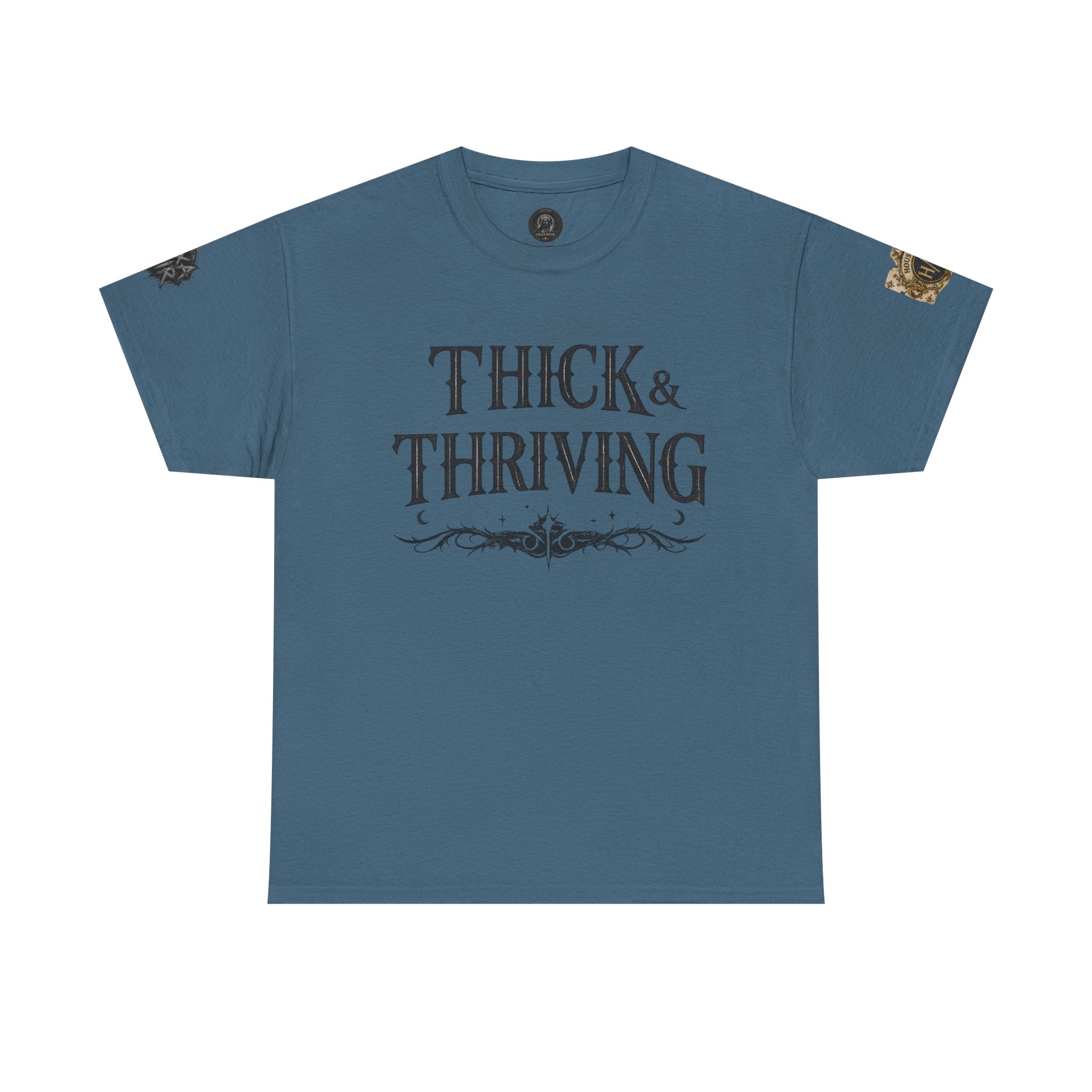 Thick & Thriving Graphic Tee — Bold Gothic Lettering with Distressed X Back