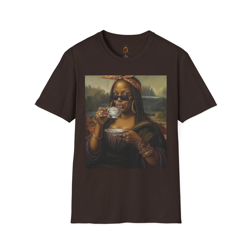 Mona Lisa Sipping Tea Unisex Graphic Tee — Vintage Renaissance Art