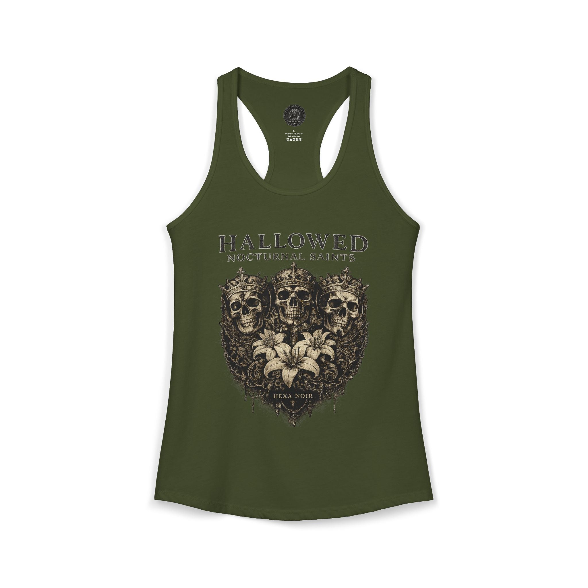 HEXA NOIR NOCTURNAL: Hallowed Nocturnal Saints Tank | Gothic Skull Floral Racerback | Dark Spiritual Streetwear