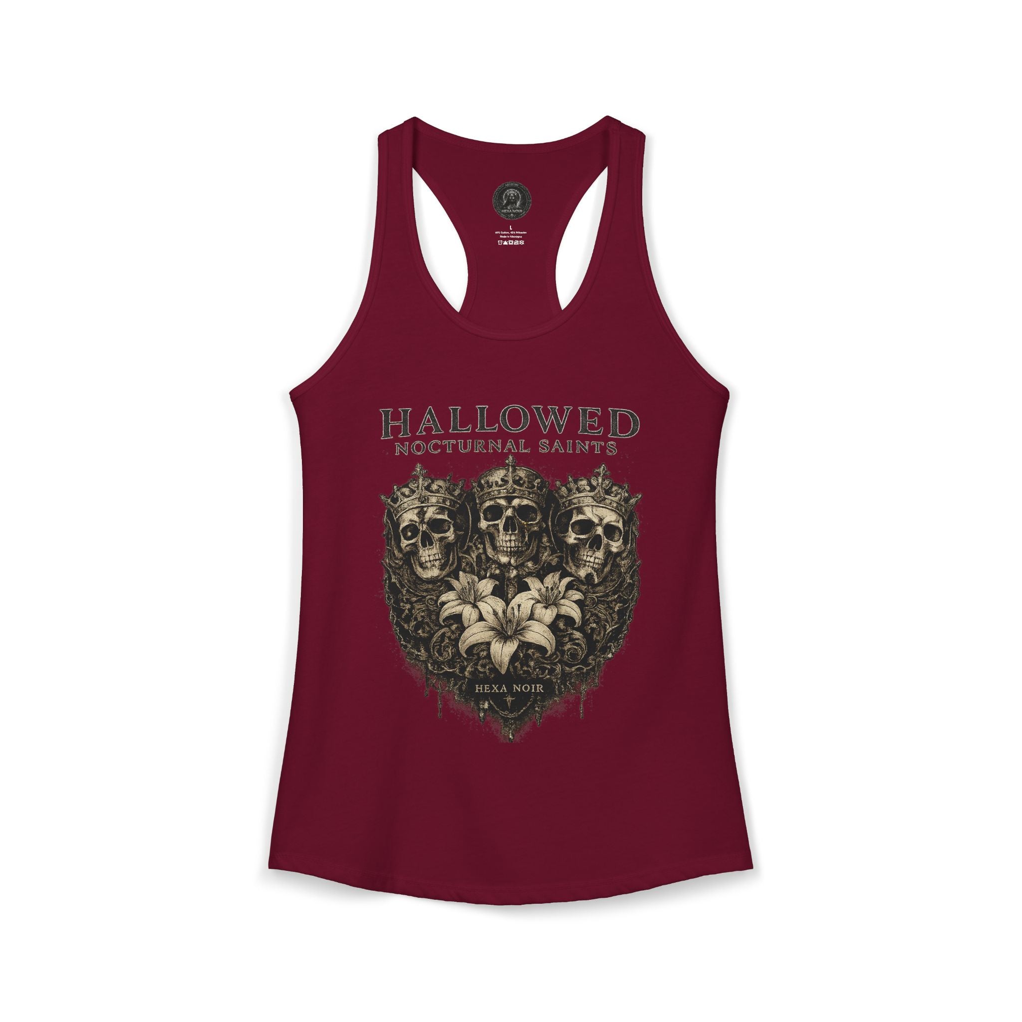 HEXA NOIR NOCTURNAL: Hallowed Nocturnal Saints Tank | Gothic Skull Floral Racerback | Dark Spiritual Streetwear