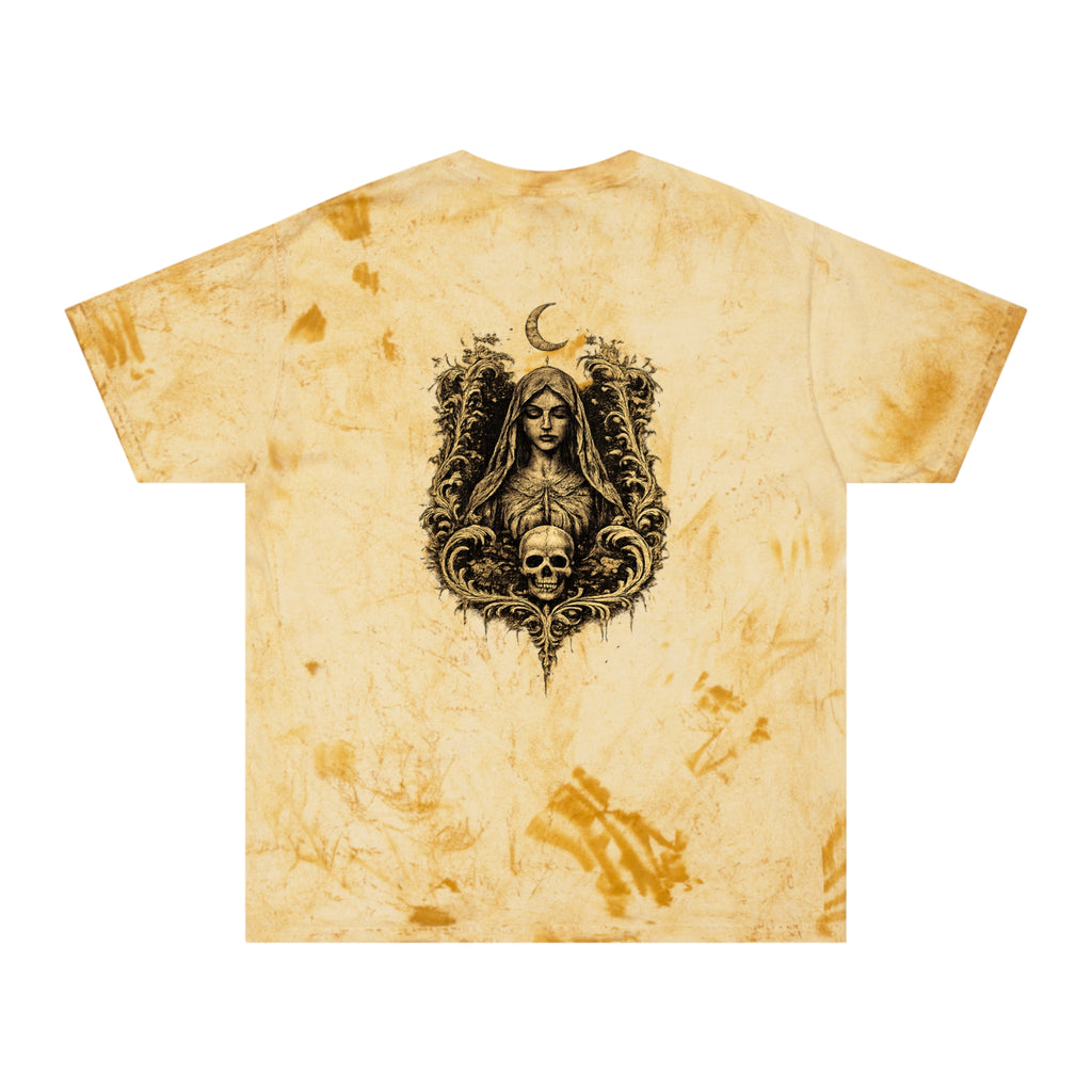 HΞXA NOIR NOCTURNAL —Hallowed Saints Graphic T-Shirt — Vintage Gold Tie-Dye with Gothic Skull & Maiden