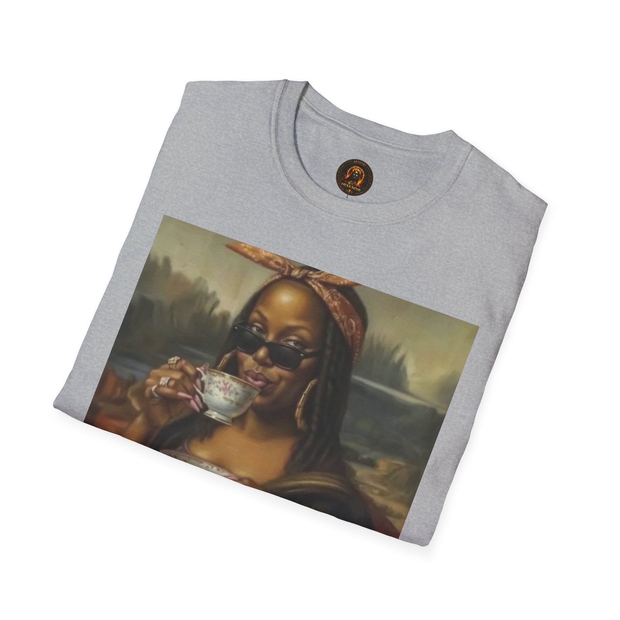 Mona Lisa Sipping Tea Unisex Graphic Tee — Vintage Renaissance Art