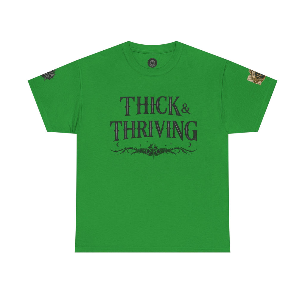 Thick & Thriving Graphic Tee — Bold Gothic Lettering with Distressed X Back