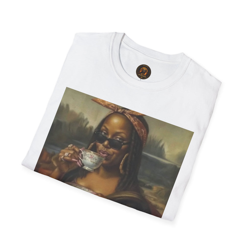Mona Lisa Sipping Tea Unisex Graphic Tee — Vintage Renaissance Art
