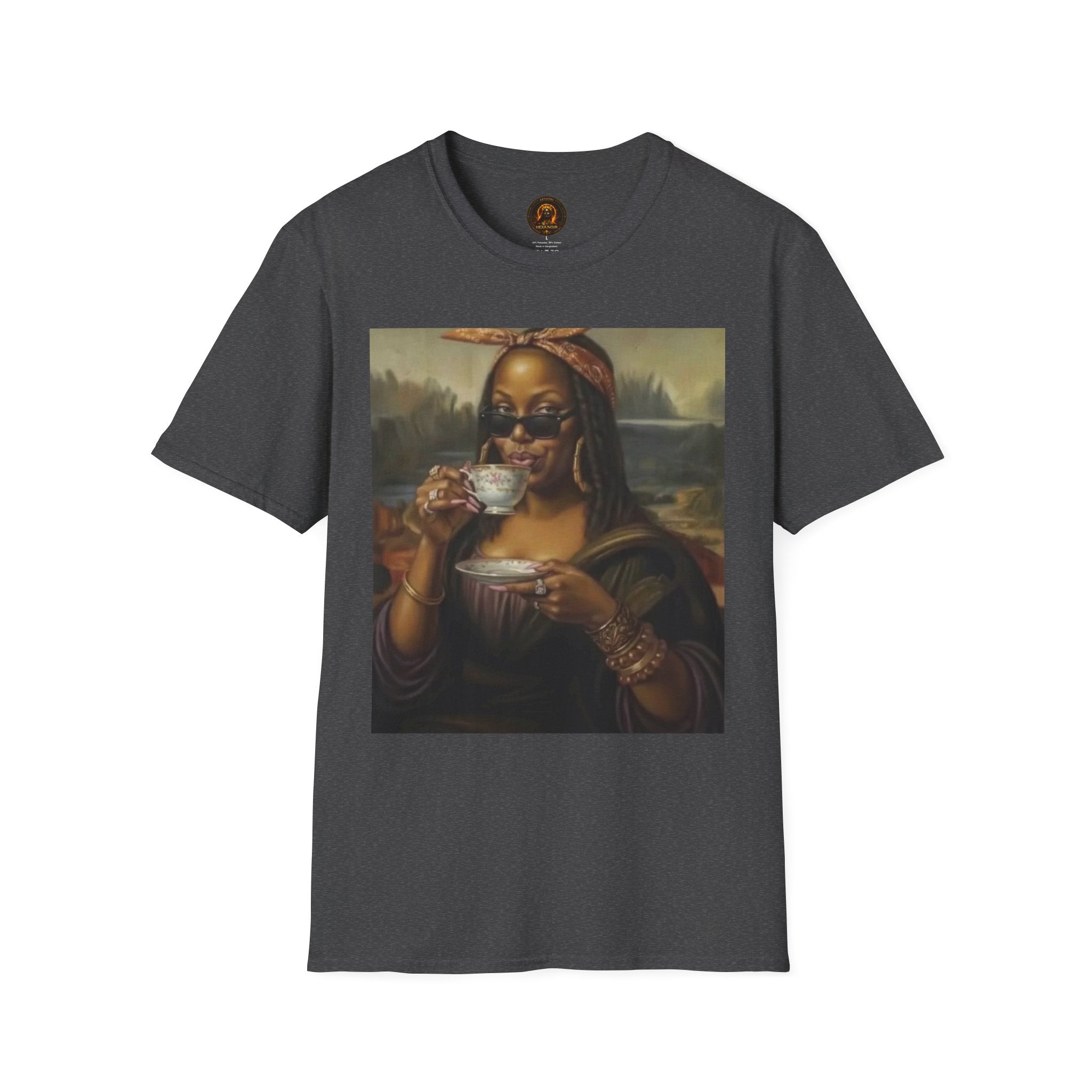 Mona Lisa Sipping Tea Unisex Graphic Tee — Vintage Renaissance Art