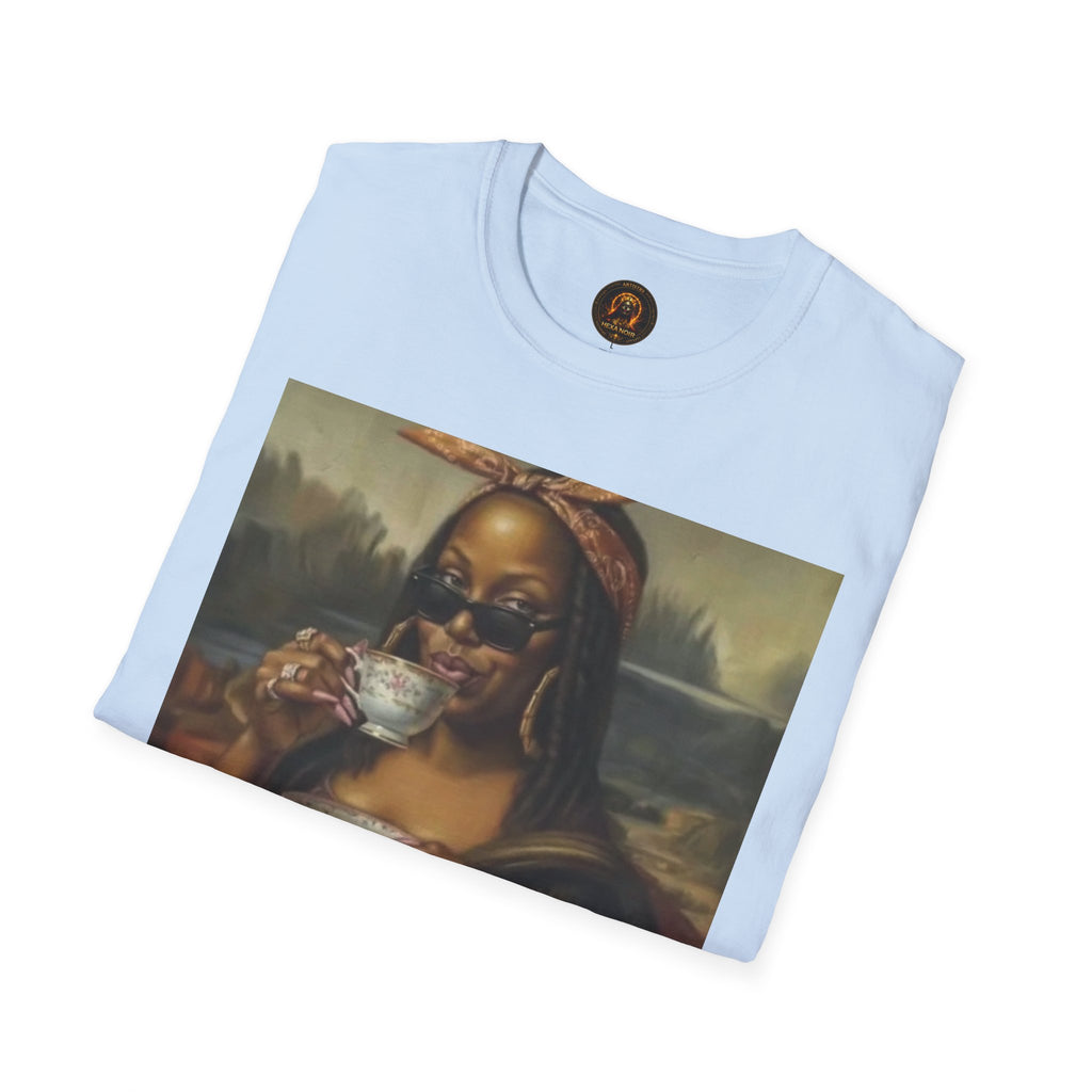Mona Lisa Sipping Tea Unisex Graphic Tee — Vintage Renaissance Art