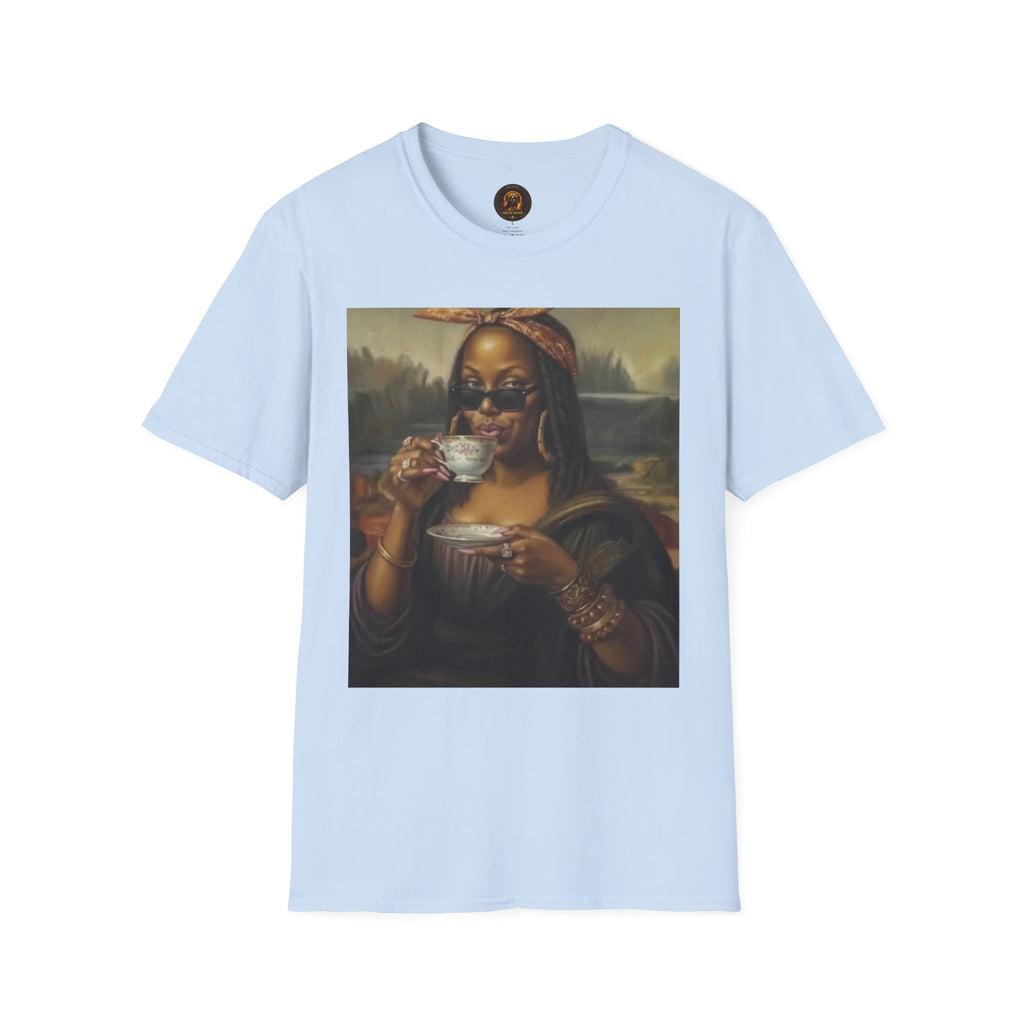 Mona Lisa Sipping Tea Unisex Graphic Tee — Vintage Renaissance Art