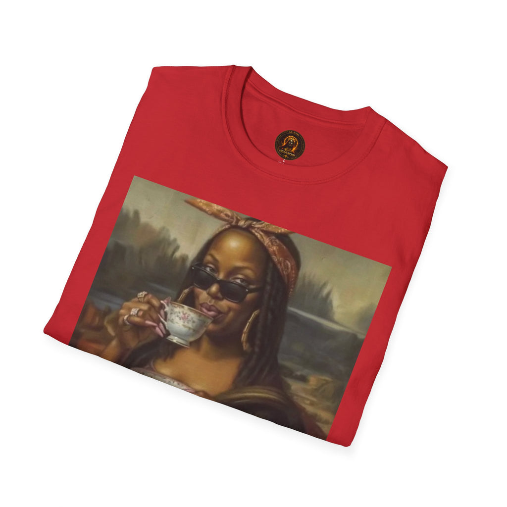 Mona Lisa Sipping Tea Unisex Graphic Tee — Vintage Renaissance Art