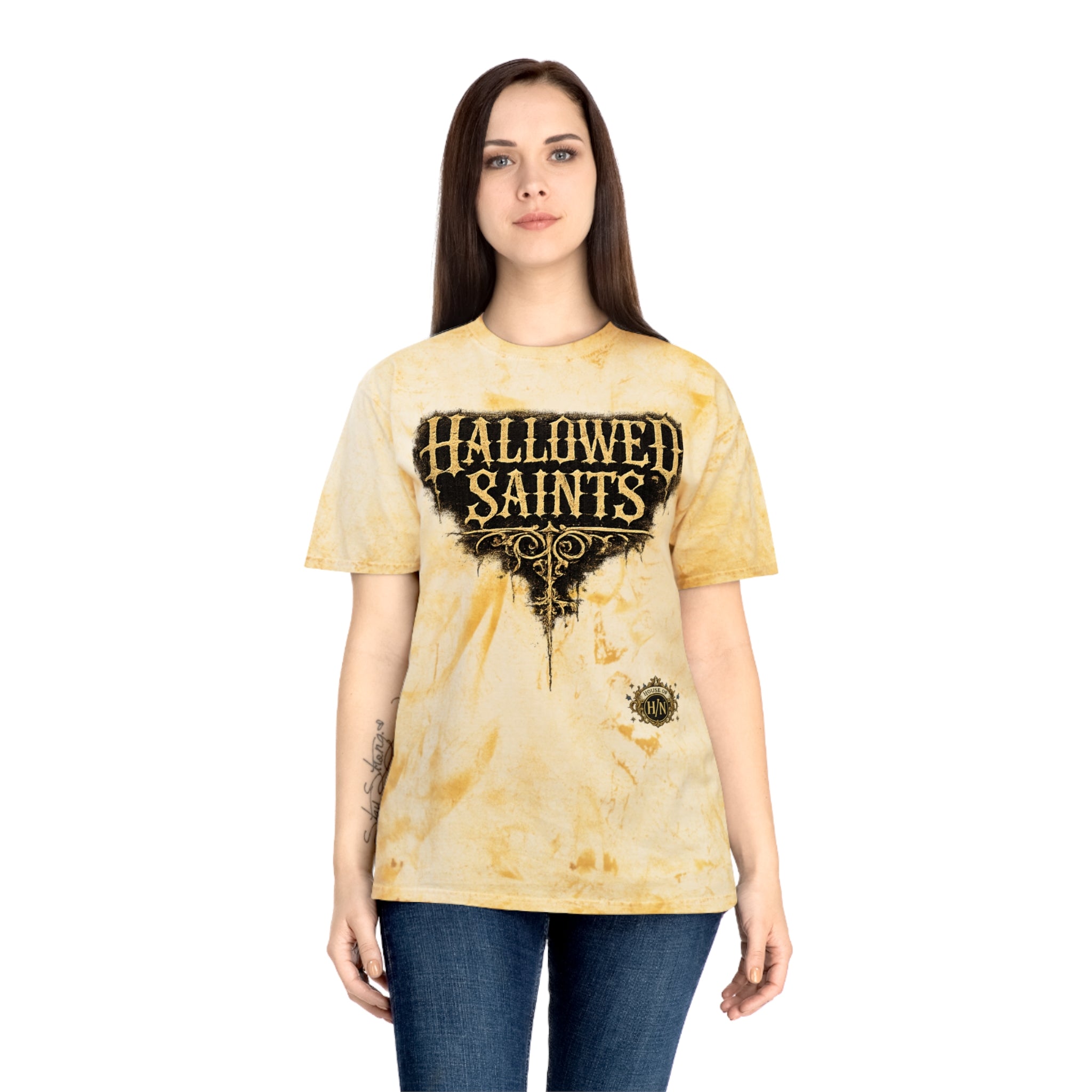 HΞXA NOIR NOCTURNAL —Hallowed Saints Graphic T-Shirt — Vintage Gold Tie-Dye with Gothic Skull & Maiden