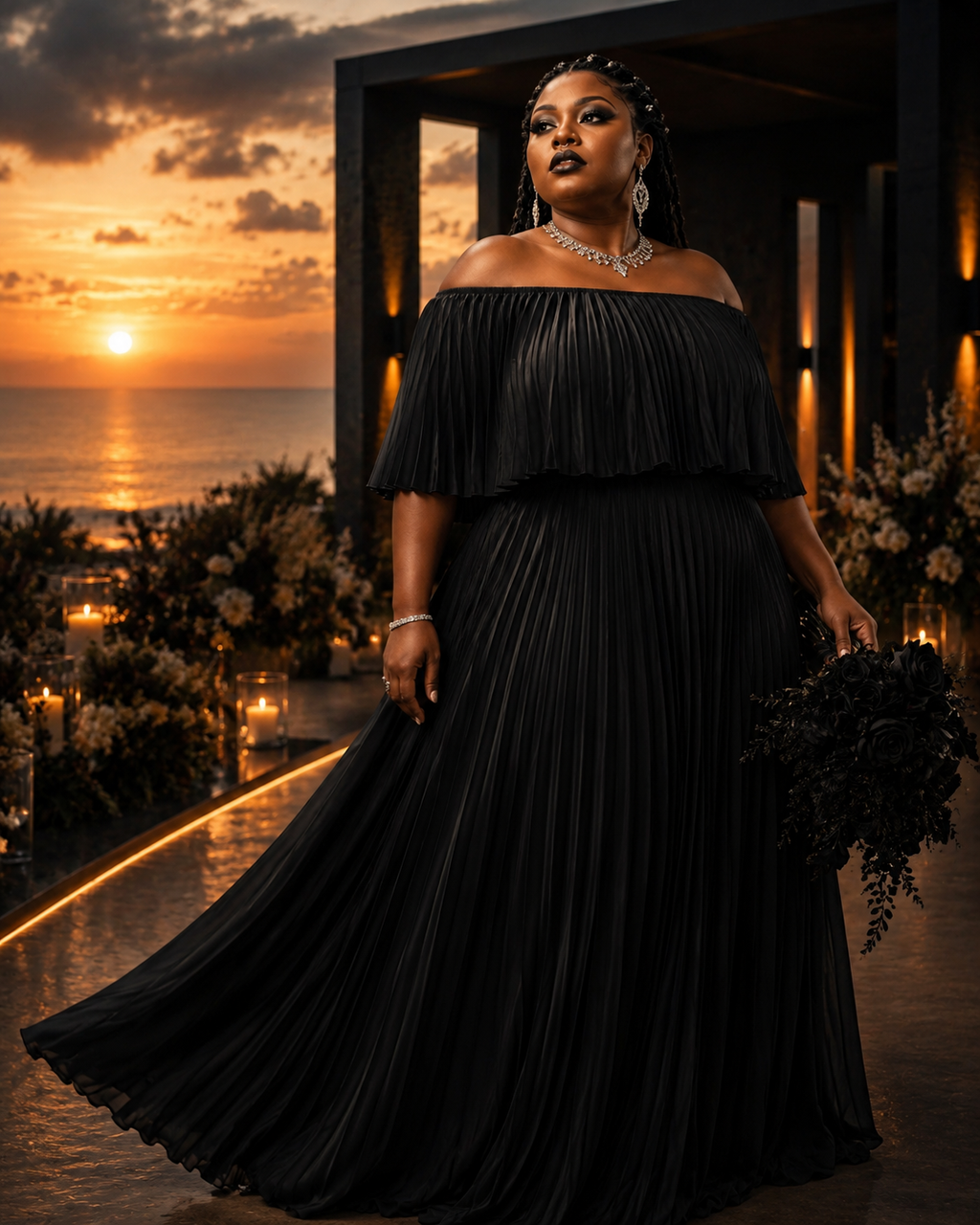 Off-Shoulder Pleated Maxi Dress