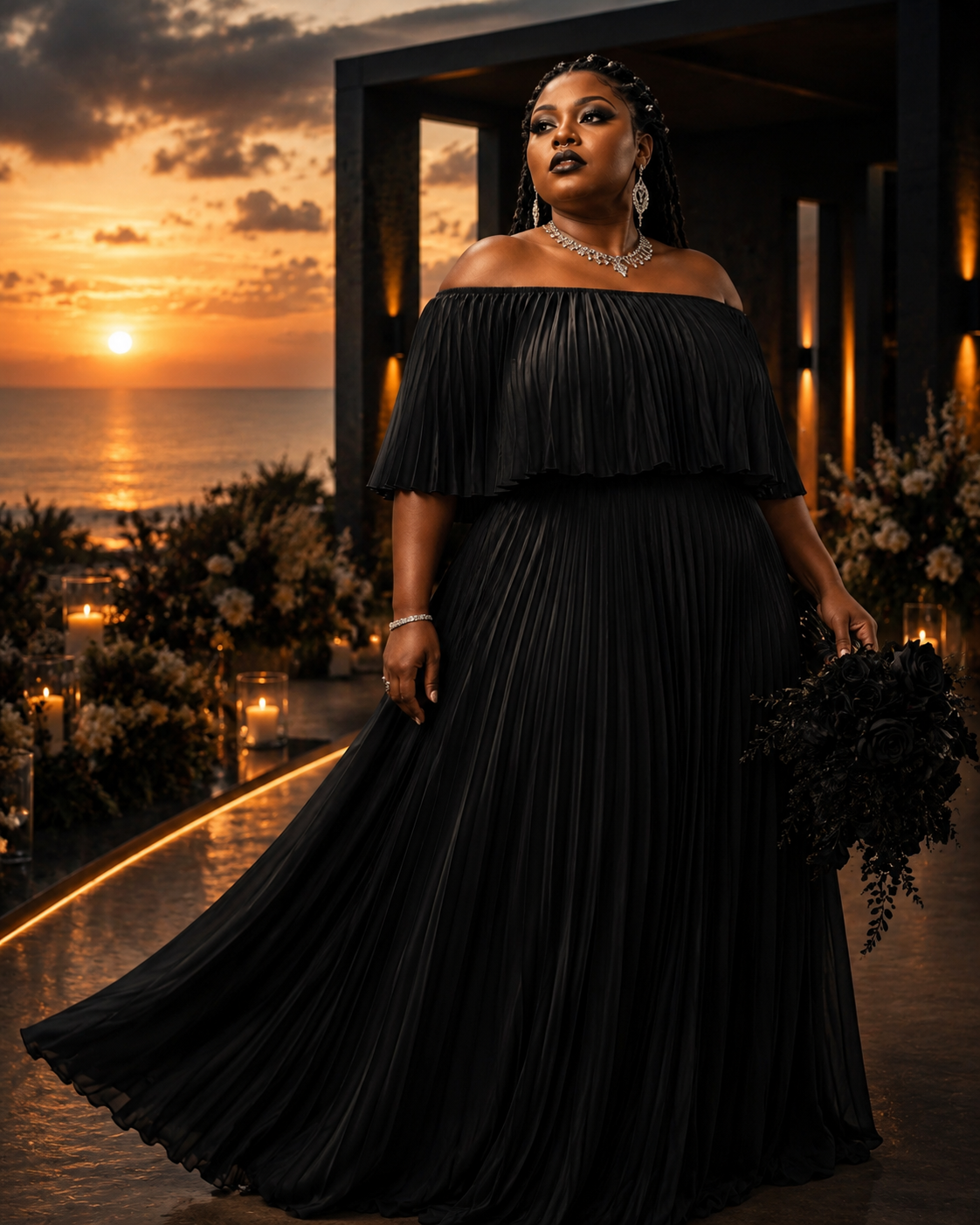 Off-Shoulder Pleated Maxi Dress