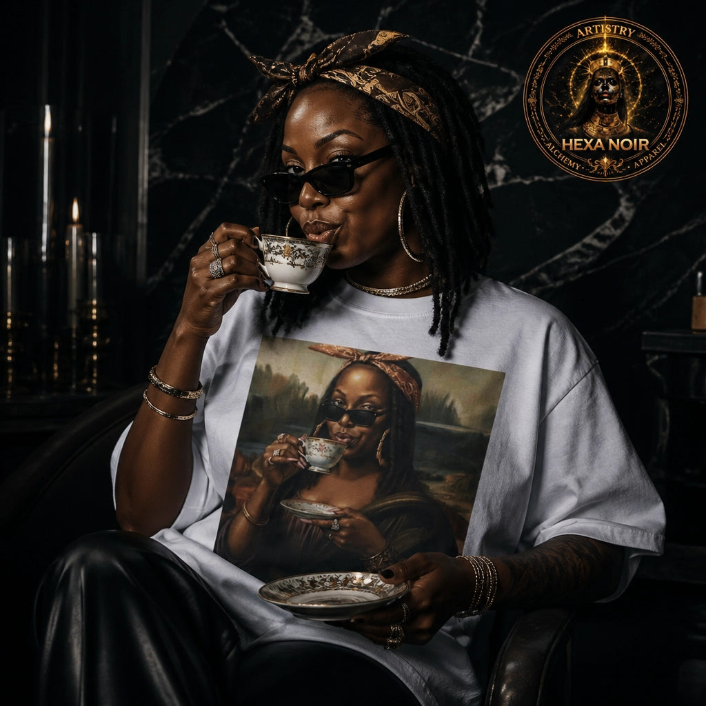 Mona Lisa Sipping Tea Unisex Graphic Tee — Vintage Renaissance Art