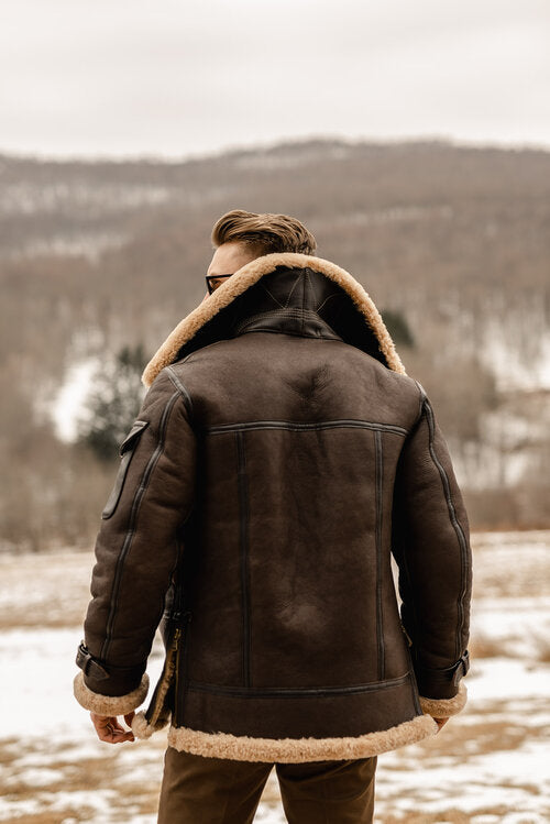 Men's Brown Long B3 Aviator Coat with Faux Shearling