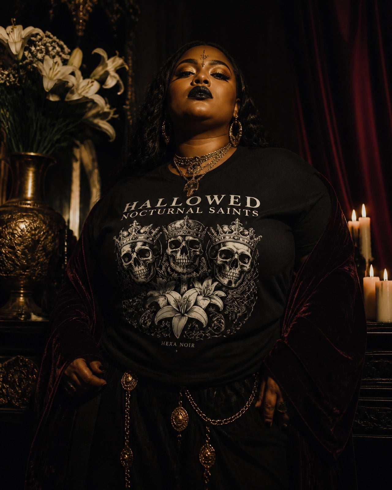 HEXA NOIR NOCTURNAL: Hallowed Nocturnal Saints Tank | Gothic Skull Floral Racerback | Dark Spiritual Streetwear