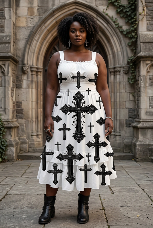 Cathedral Cross dress on a curvy Black woman in a gothic courtyard