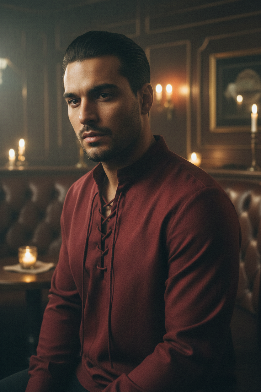 Men's Casual Lace-Up Long Sleeve Shirt in Wine Red - Speakeasy editorial
