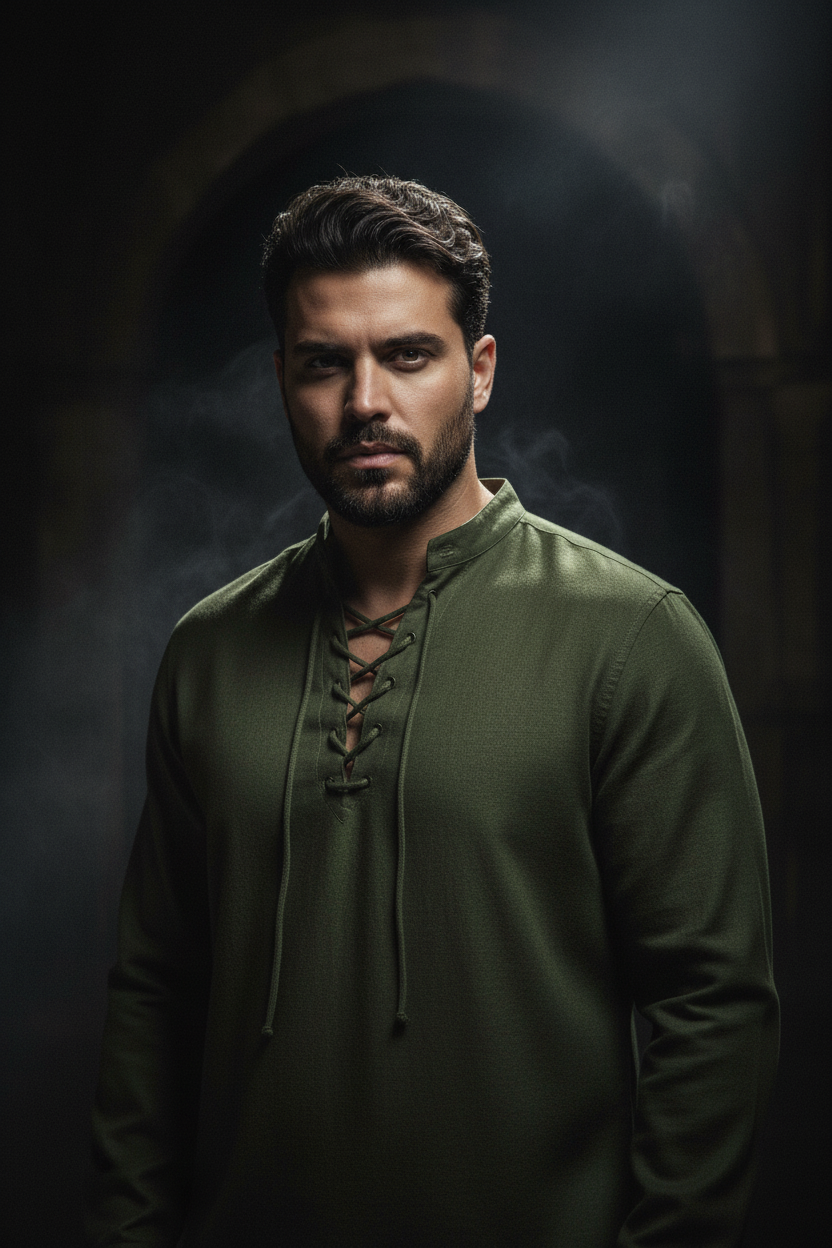 Men's Casual Lace-Up Long Sleeve Shirt in Army Green - Dark Olive editorial