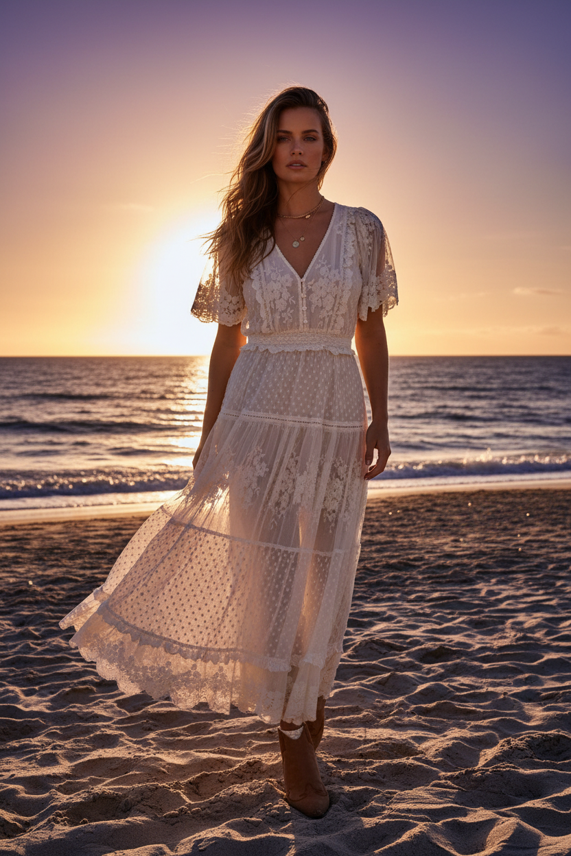 Lace Boho Maxi Dress Beach Sunset