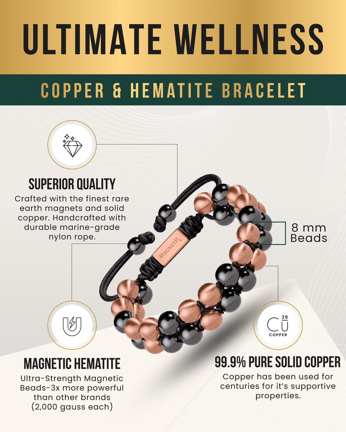 Double-row magnetic hematite copper therapy bracelet by Hexa Noir