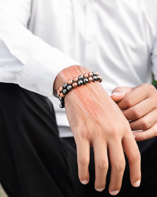 Double-row magnetic hematite copper therapy bracelet by Hexa Noir