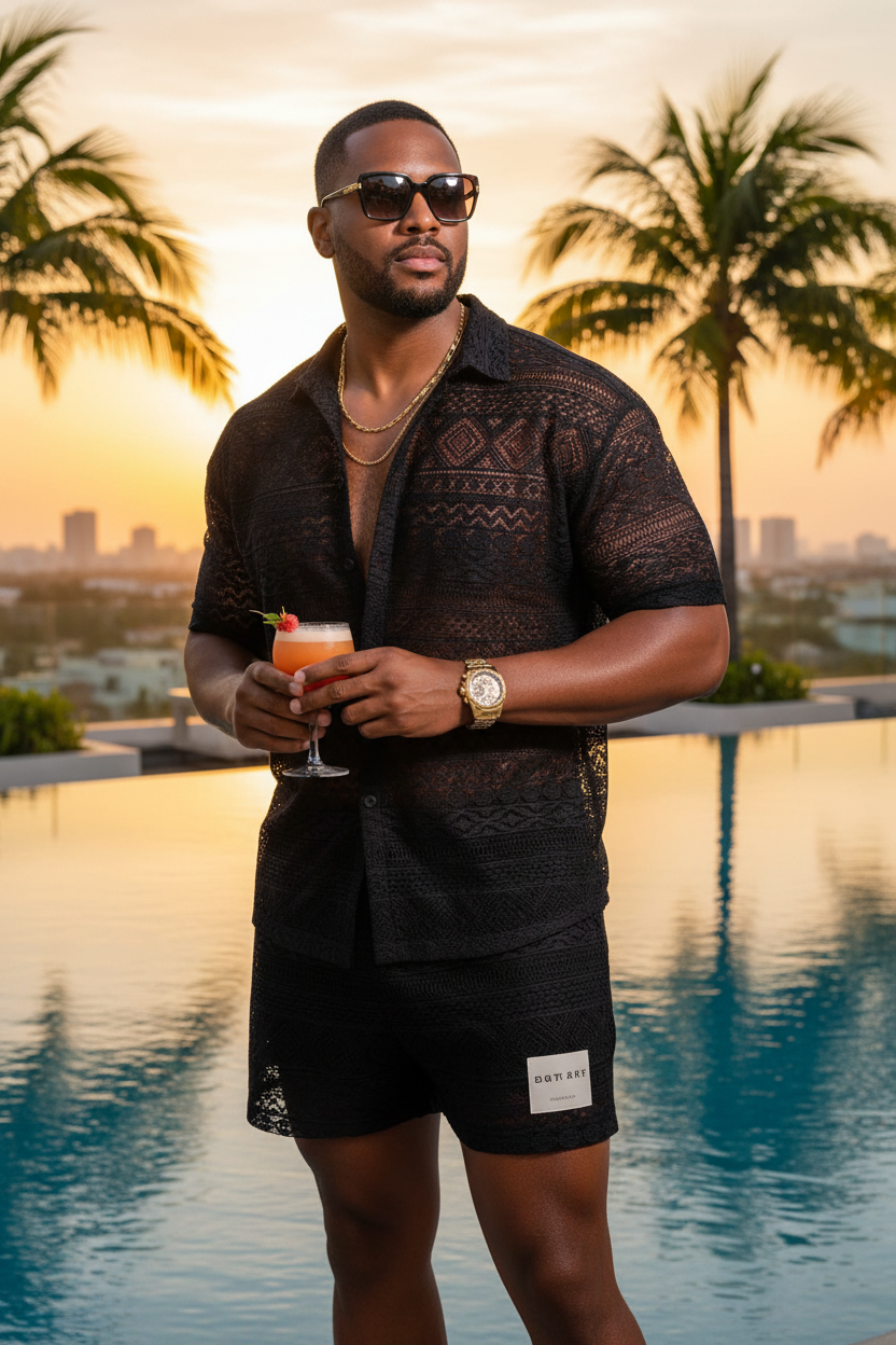 Men's Lace Button Down Shorts Set Resort Luxury