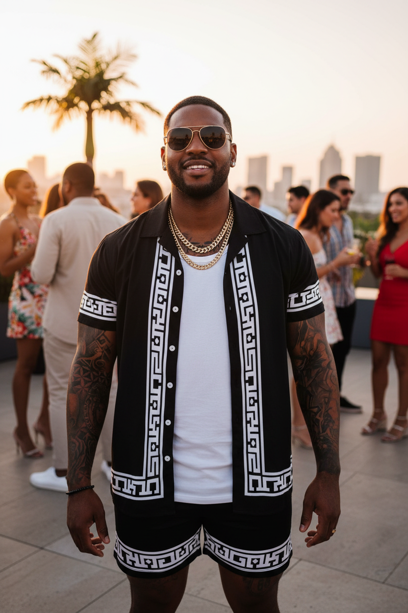 Men's Printed Button Up Set Styled with Undershirt