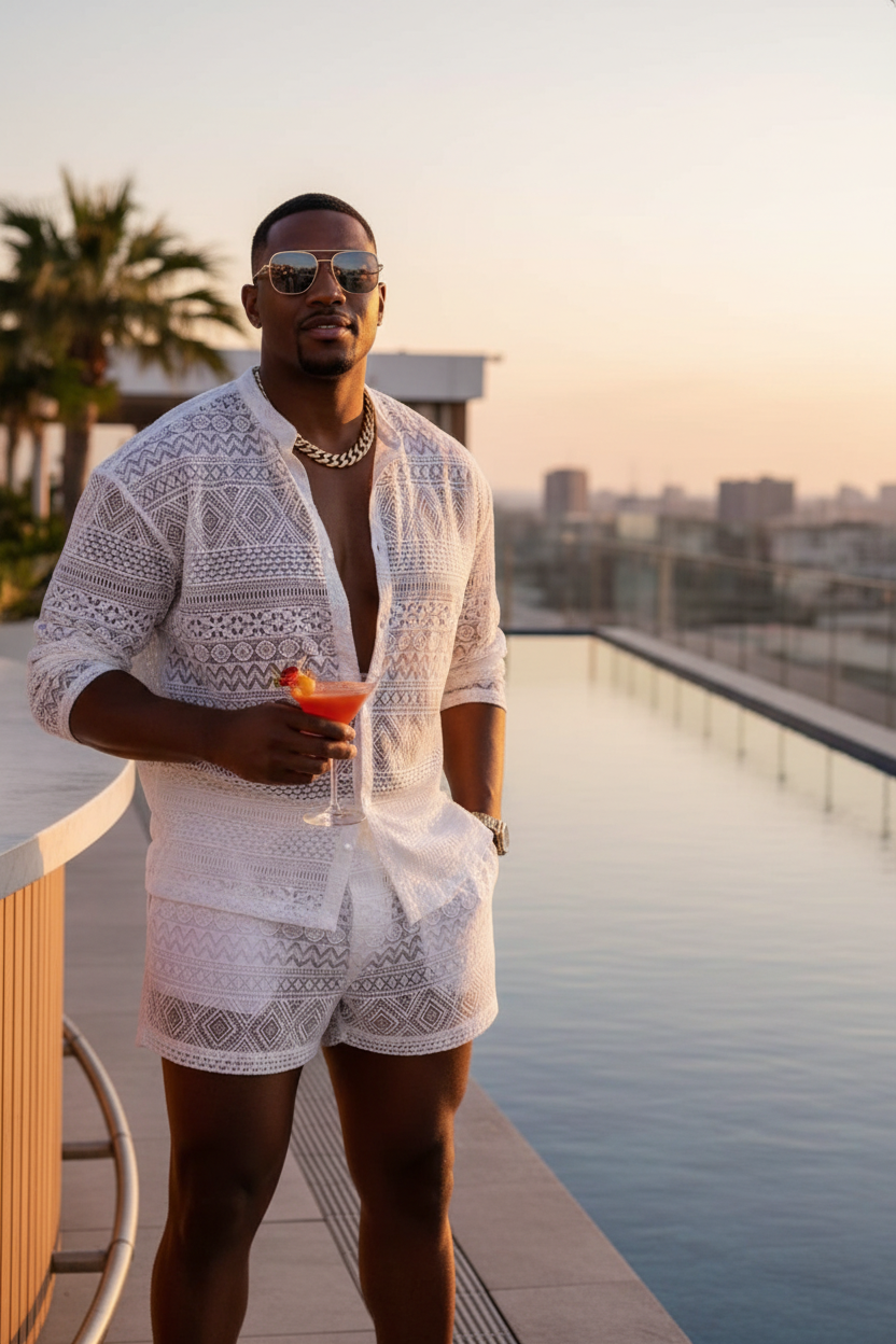 Men's White Lace Button Down Shorts Set Resort Luxury