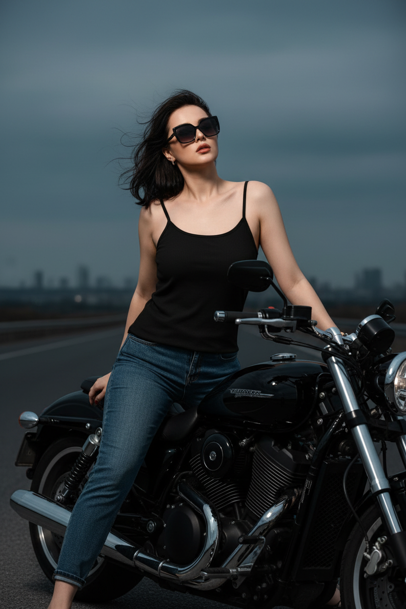 Plus Size Black Cami Motorcycle Editorial